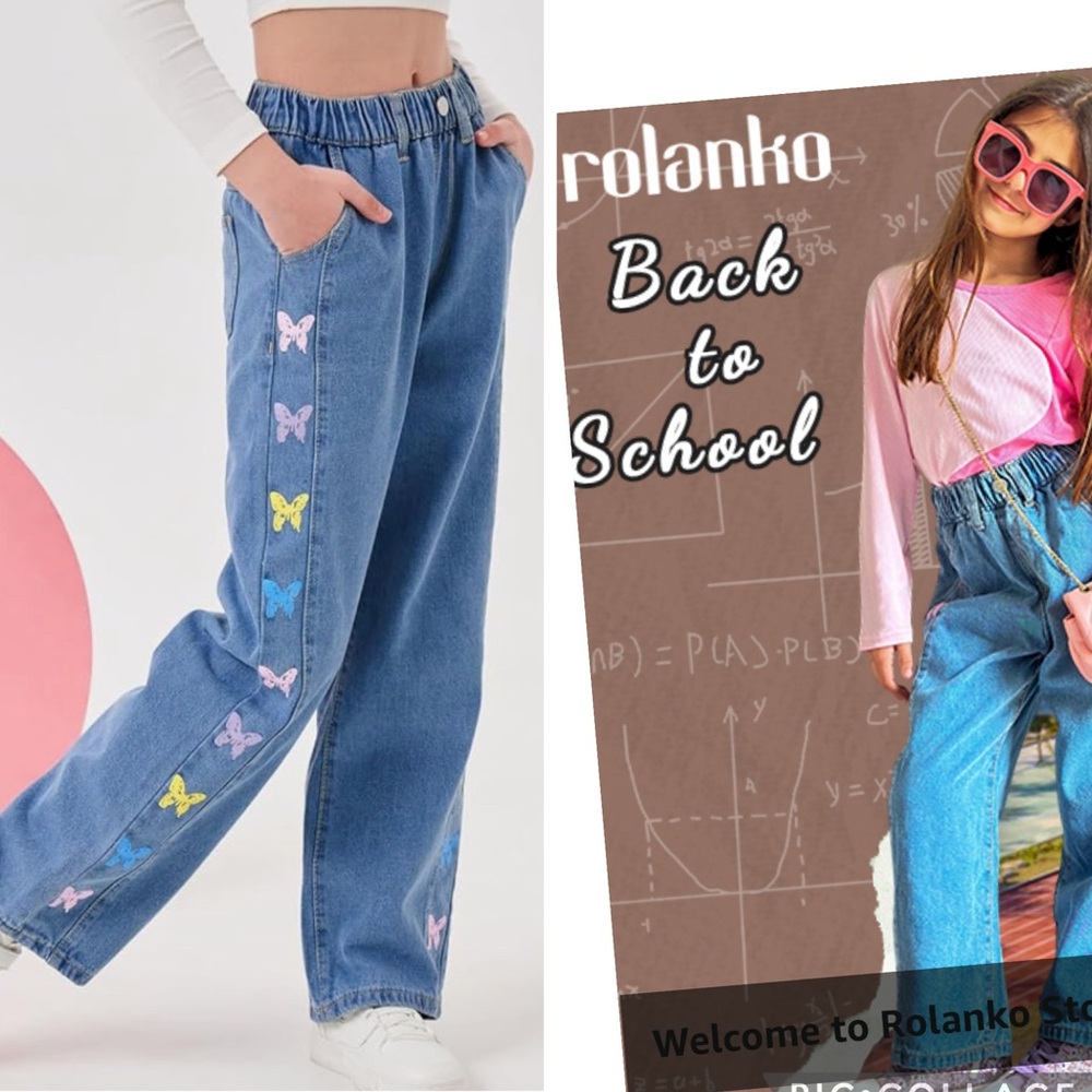 Rolanko Girls Blue Jeans with Butterfly Accents Size 7-8 NWT